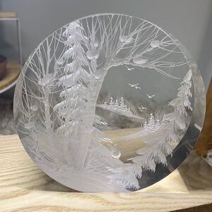 Lucite Winter Scene Reverse Carved Sculpture by‎ Frank Albrecht FRA Vintage 90’s